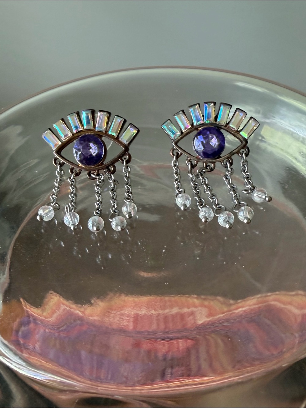 Evil Eye Iridescent Purple Dangle Earrings